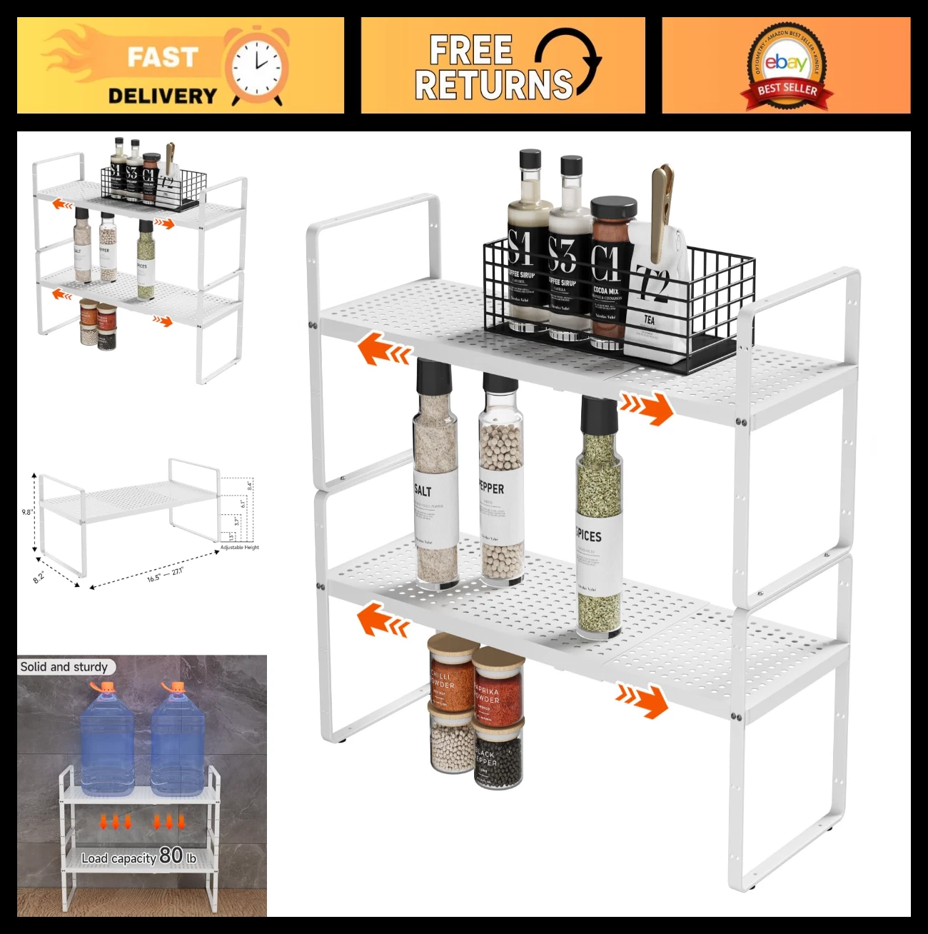Expandable Cabinet Countertop Shelf Organizer 2-Pack White Metal Spice Rack