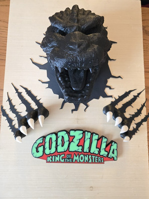1995 Burning Godzilla Head - 5 piece 3D printed Black and White PLA wall art set
