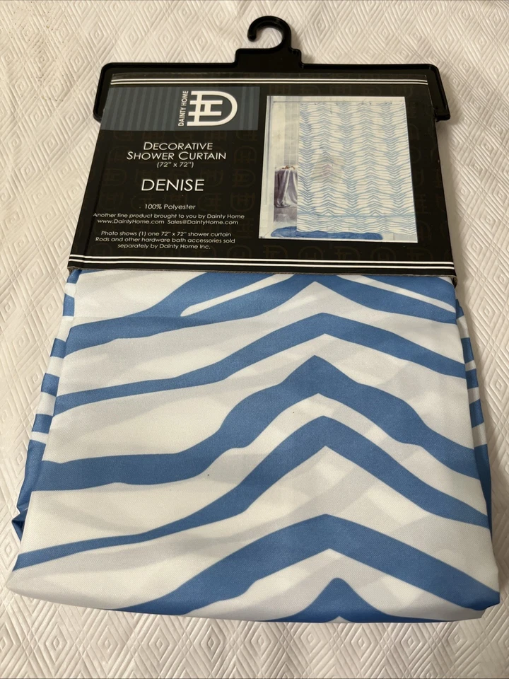Cortina de chuveiro de poliéster Dainty Home Denise listra de zebra azul branca 72x72 NOVA - Imagem 3 de 4