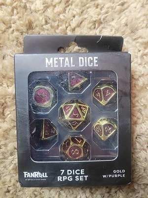 FanRoll by Metallic Dice Games Set 7 Metal Polyhedral DND Dice Set Gold w/Purple