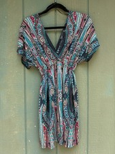 Ultra Flirt Paisley Dress S Blue Pink Boho Empire Waist Rhinestone Tie Belt