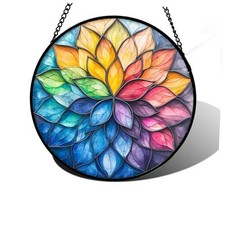 Stained Glass Window Hanging, Colorful Flower Petals Sun 6.3x6.3 IN Green