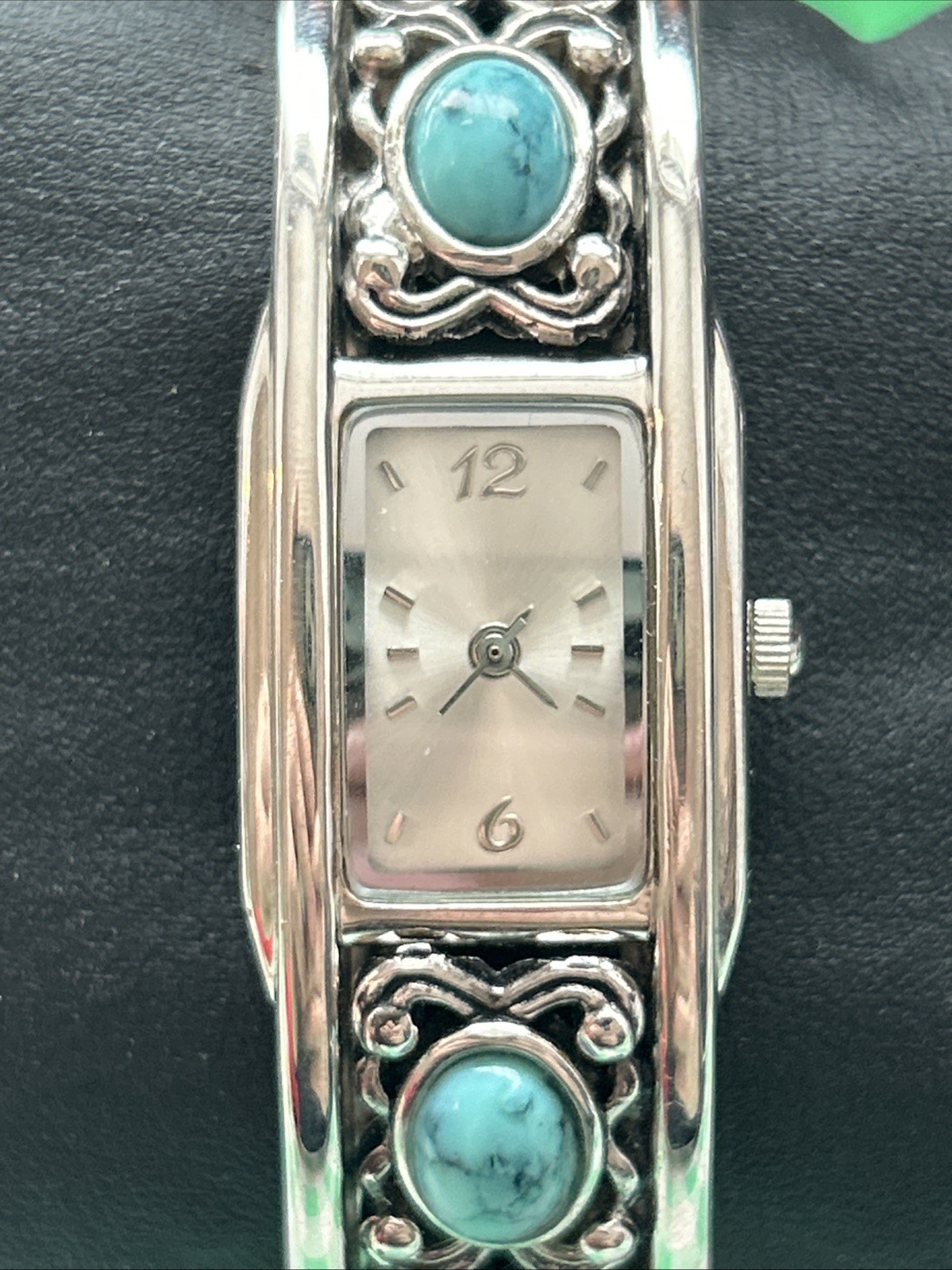 Silver Tone Turquoise Inlay Womens Cuff Watch
