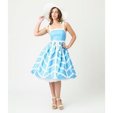UNIQUE VINTAGE BLUE AND WHITE CHEVRON EYELET SWING DRESS REG & PLUS SIZE
