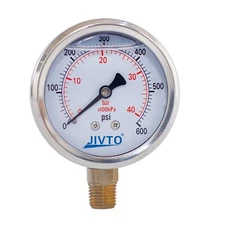 Pressure Gauge,Liquid Filled,2" Dia,0-600 PSI,1/4 NPT Lower Mount