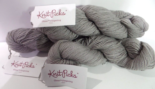 Knit Picks Yarn Gloss Fingering Merino Wool Silk Lot 3-Color Robot Soft Gray NEW