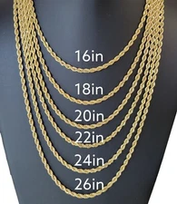 Stainless Steel Gold Plated  Rope Chain Necklace 4mm Size 16" to 26" Unisex, Men
