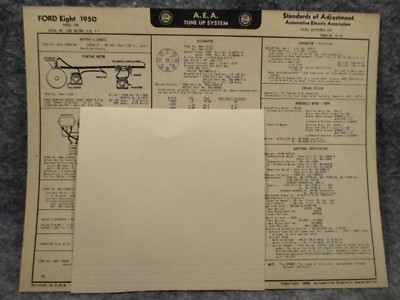 A.E.A. Tune Up System Specification Chart Card Ford Eight 1950 Model 0BA FO-29