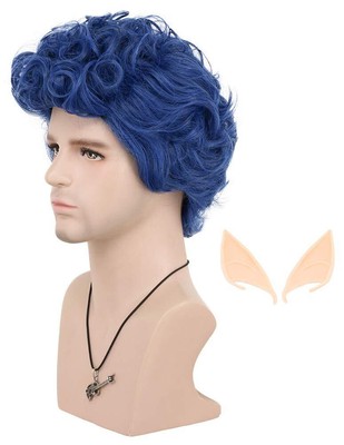 Adult Men Short Blue Wave Wig with Elf Ear Halloween Cosplay Costume Hair Par...