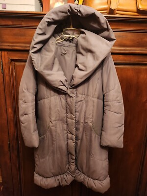 Eli Tahari Long Greyish-Blue Womens Coat With A Hood