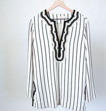 TORY BURCH ‘Filipa’ Black & Oat White Striped Kaftan Tunic Shirt-12~msrp $348