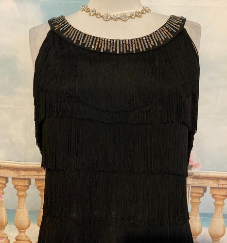 Dress 12 Black Fringe Gold Sequin Gatsby Flapper Evening Peaky Blinders Maxi - Picture 3 of 7