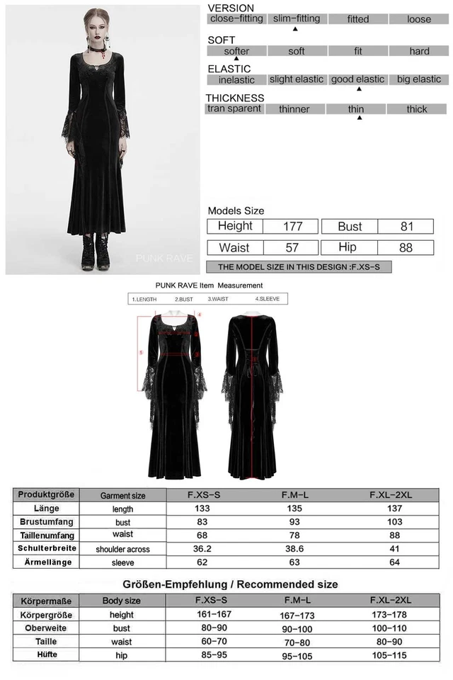 PUNK RAVE Gothic Kleid Samt Schwarz Spitzenärmel Gracious Dress EDEL GOTH LARP - Bild 2 von 4