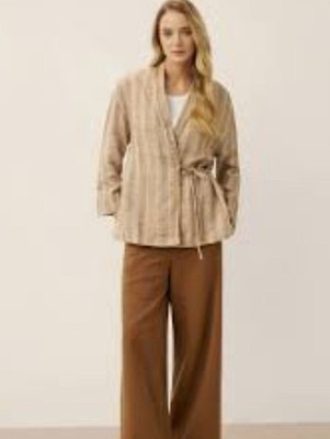 NEW Lintico 100% Linen Striped Textured Wrap Cardigan Jacket Tan/Cream Wmn's XXL