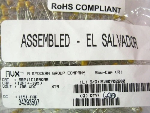 200 PCS AVX SR211C105KARTR2 Multilayer Ceramic Capacitors MLCC - Leaded 100V