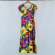 Jams World Popy Floral Midi Maxi Dress Women's Medium  Tie Back Cap Sleeves