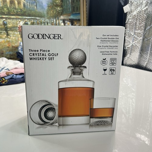 Godinger Crystal Golf Whiskey Set Decanter and Two Double Old Fashioned Glasses - Picture 2 of 9