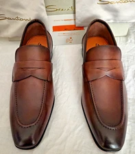 NIB Santoni Gannon Loafers Shoes Brown Patina Culf Leather US 9.5 UK 8.5 $1150