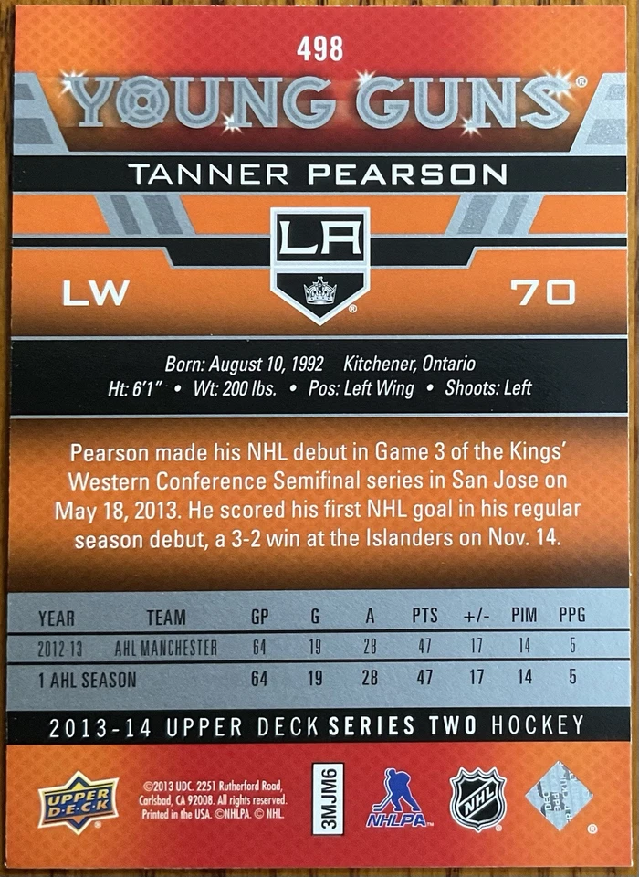 2013-14 Upper Deck Young Guns Rookie RC Tanner Pearson #498 Los Angeles Kings - Image 2 of 2