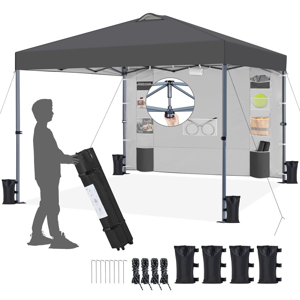Pop-up Canopy with One-Push-To-Lock Setup Mechanism/Sidewall/9 Storage Pockets