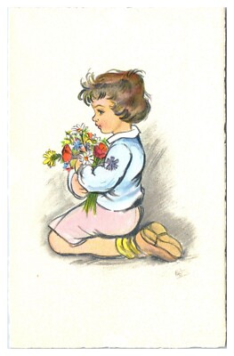 Little Girl Kneeling With An Armful Of Cut Flowers signed E/O Postcard