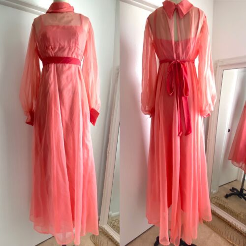 Vintage 60s 70s Prom Party Maxi DRESS Chiffon 2 Layer Long Sheer Coral Sz 4