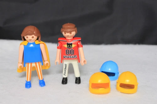 Vintage 1992 Playmobil Football Player w/ 3 Helmets & Clown Orange Stripe Pants