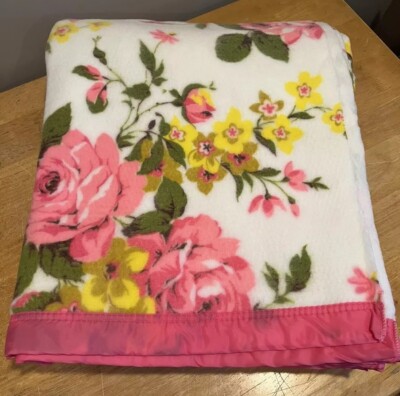 Beacon Flora Pink Yellow Floral Flowers Satin Trim Blanket Full Size 80 X 90 VTG