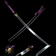 Black Katana Clay Tempered T10 Steel blade black scabbard purple handle wrapppin