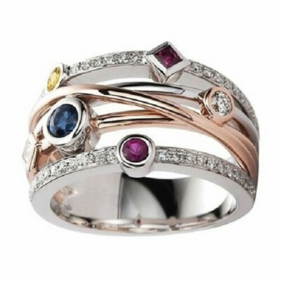 925 Sterling Silver Rhinestone Garnet Amethyst Wedding Engagement Ring Size 8