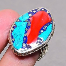 Red Coral Tibetan Turquoise Handmade Boho Nepali Jewelry Adjustable Ring SR 3364