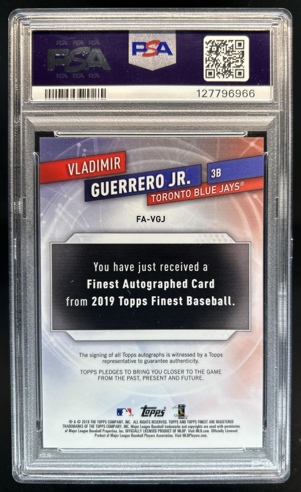 2019 Topps Finest Vladimir Guerrero Jr. Auto RC Rookie #FA-VGJ Blue Jays PSA 10 view 2