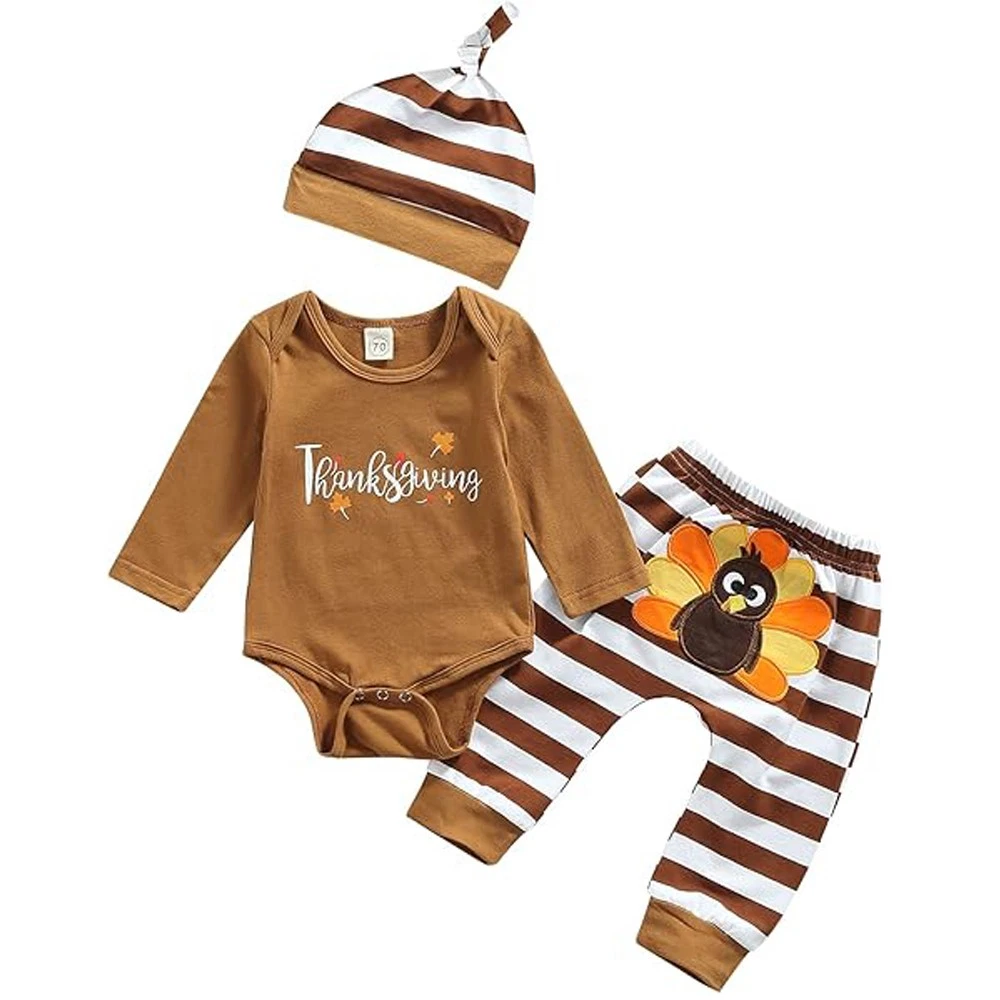 Thanksgiving Baby Fall Clothes Baby Boy Girl Outfit Romper Turkey Pants Hat Set
