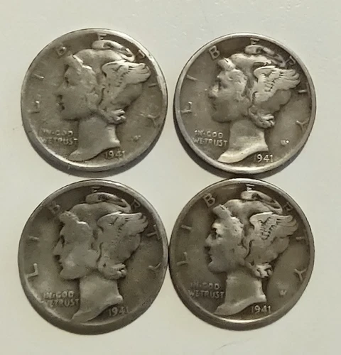 4 Mercury Dimes 1941 Silver 10C Coins Circulated Business Strike Uncertified