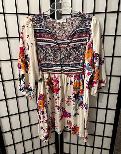 Umgee USA Floral Multicolor Rayon Woven V-Neck 3/4 Sleeve Mini Dress XL