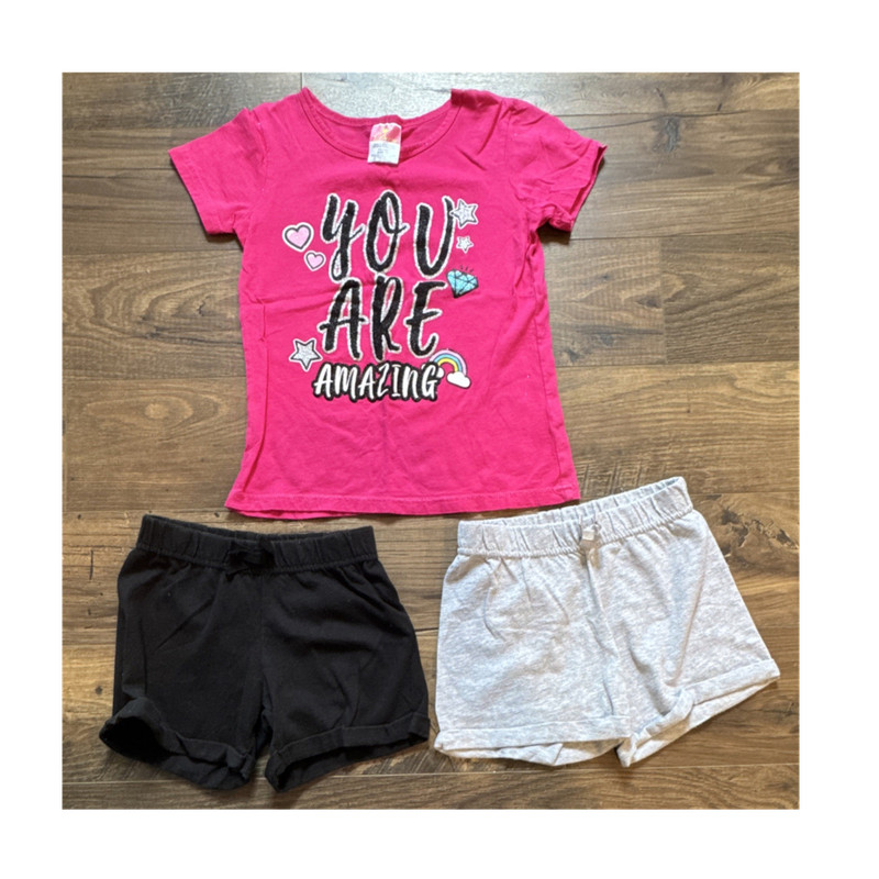 Wonder Nation Diva Girls 3 Piece Outfit Set Pink Graphic Top Shorts 6/6X