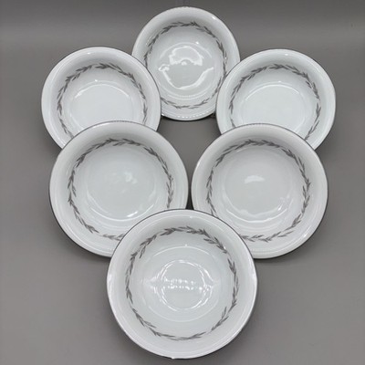 Noritake Graywood 6041 7.5  Soup Bowls Set of 6 White Platinum Trim Vintage VGC