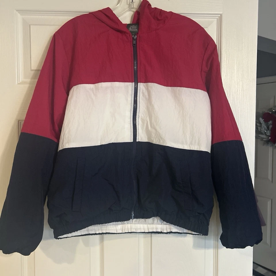 Chaqueta cortavientos retro Wild Fable para mujer rosa blanco azul bloques de colores con capucha S Foto 3 de 4