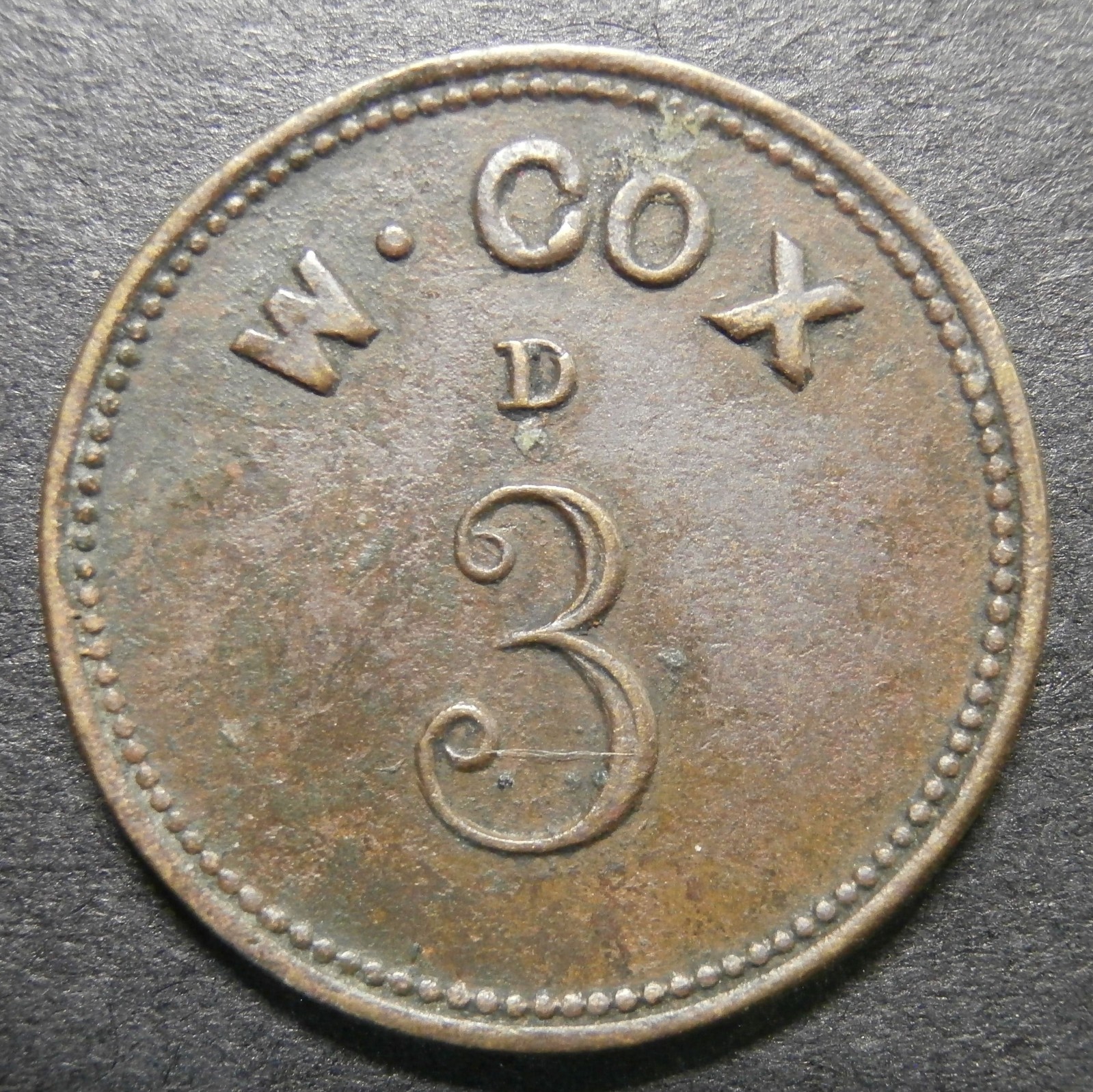 Trade token - W Cox 3d - Threepence uniface 21.4mm