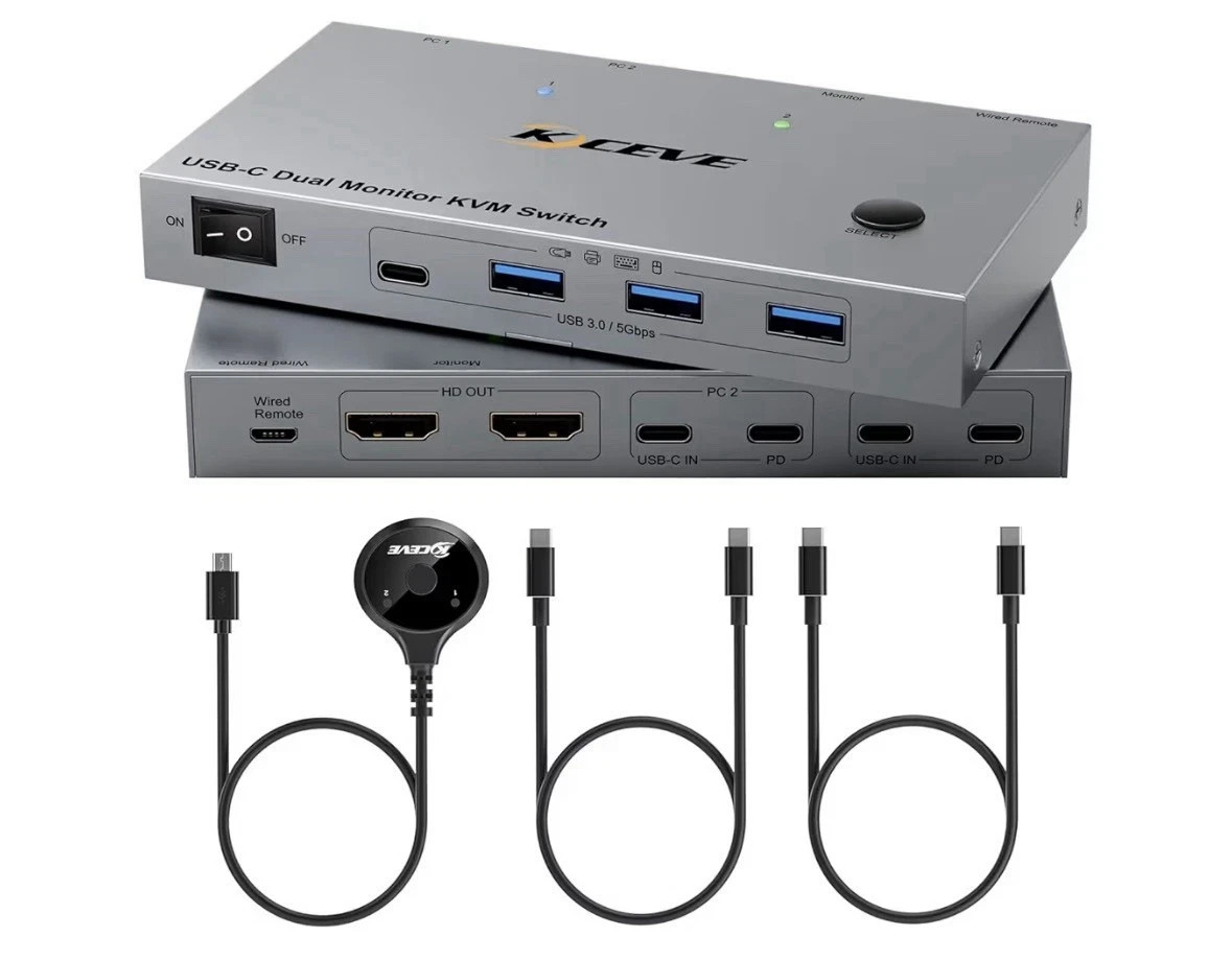 KVM Switch 2 PC 2 Monitor HDMI 4K 60Hz USB-C USB 3.0 MST 80W PD