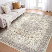 Washable Area Rug, Non-Slip Boho Farmhouse Vintage Carpet, Beige/Brown, 5x7