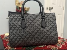 Michael Kors Medium Zip Satchel Top Handle Black/Silver MK Logo, Strap, Charm