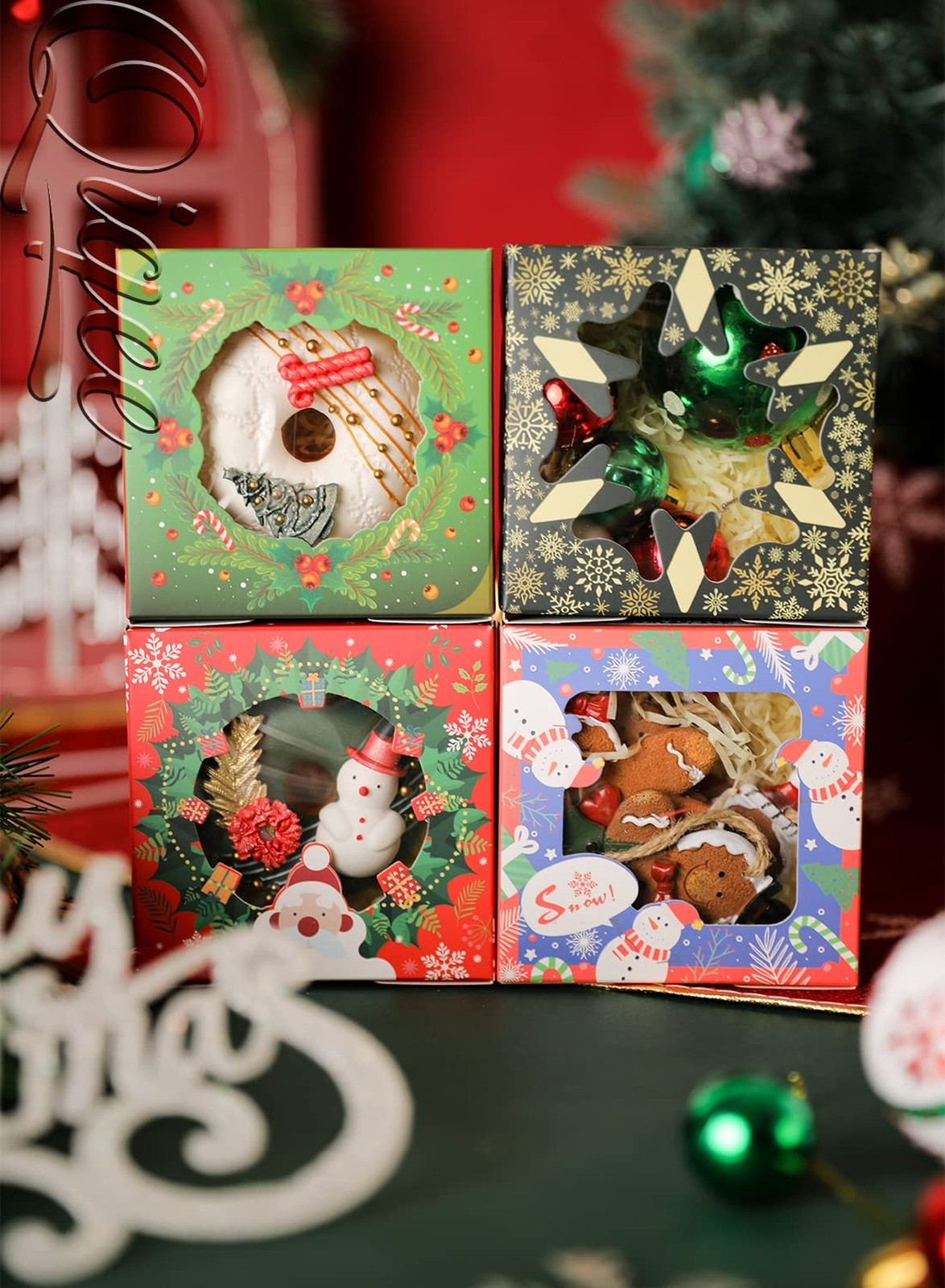 qiqee Christmas Bakery Boxes with Window 100pcs 4x4x2.5 Mini Cookie Boxes Mac...