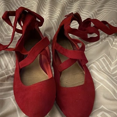 Brash Red Synthetic Ankle Wrap Strap Zip Ballet Flats for Women 10 M