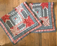 Plow & Hearth Plaid Quilted Gray Blue Red Tan King Button Shams Set of 2