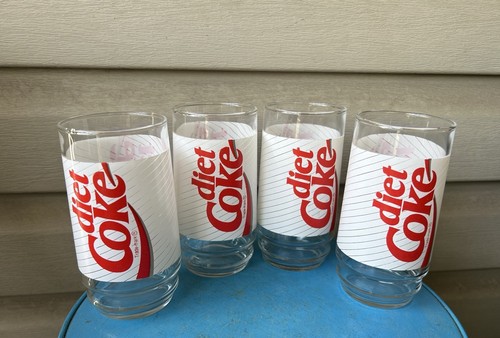 Vintage Diet Coke 1980s White Red Spiral Design Retro Glasses 5.75” Set Of 4