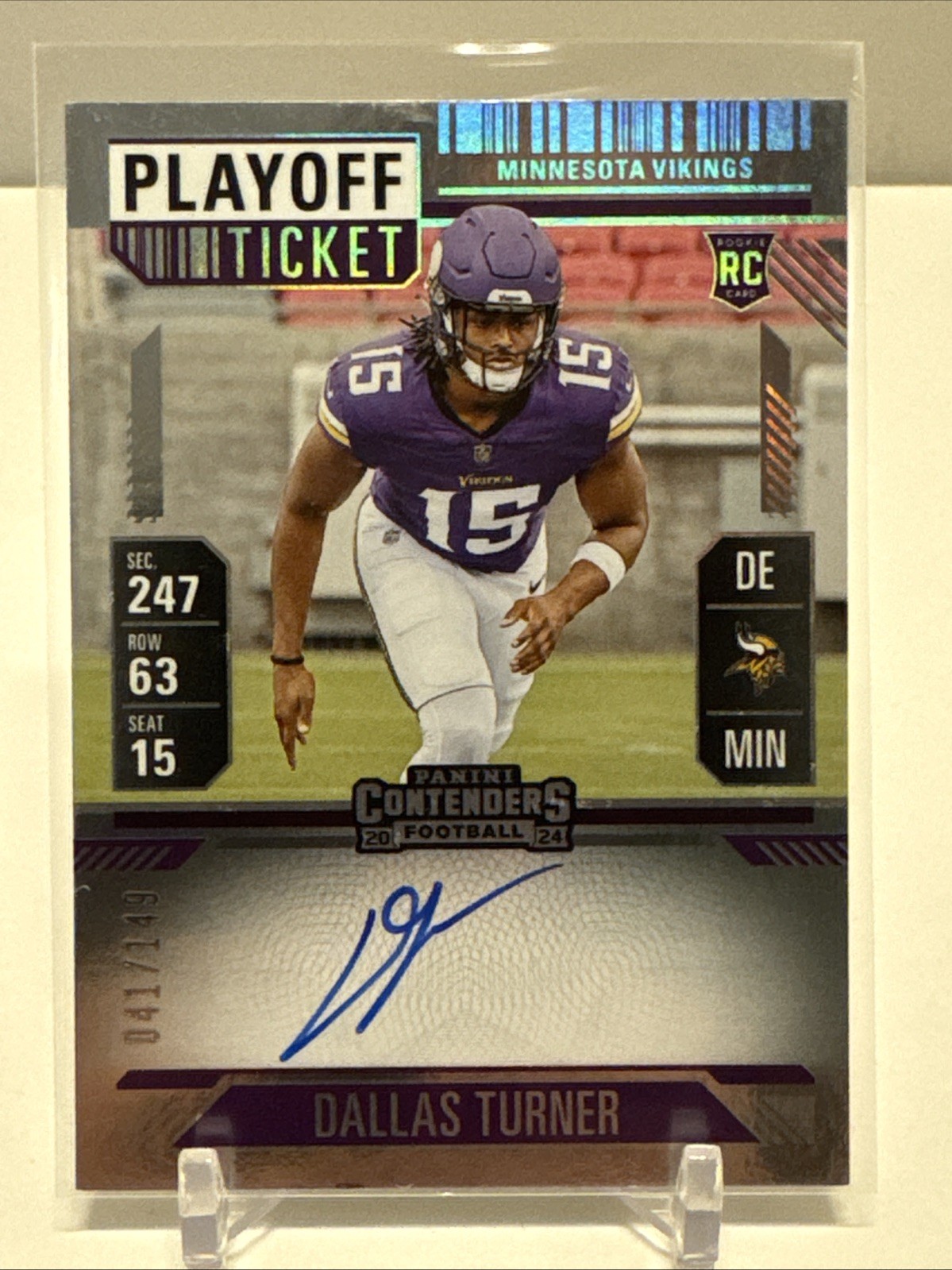 Dallas Turner 2024 Contenders #123 Playoff Ticket Auto #’d 41/149 RC Vikings