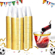 Paquete de 200 tazas de plástico desechables transparentes con borde dorado de 9 oz para fiesta vino cóctel