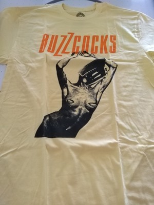 BUZZCOCKS Orgasm Addict T-Shirt LARGE Yellow DRASTIC PLASTIC punk new wave
