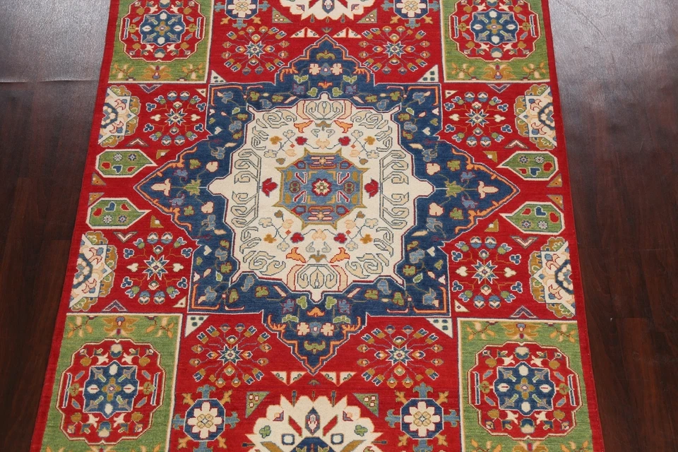Geometric Super Kazak Oriental Area Rug Handmade Wool Vegetable Dye 6x9 Carpet - Image 3 of 4